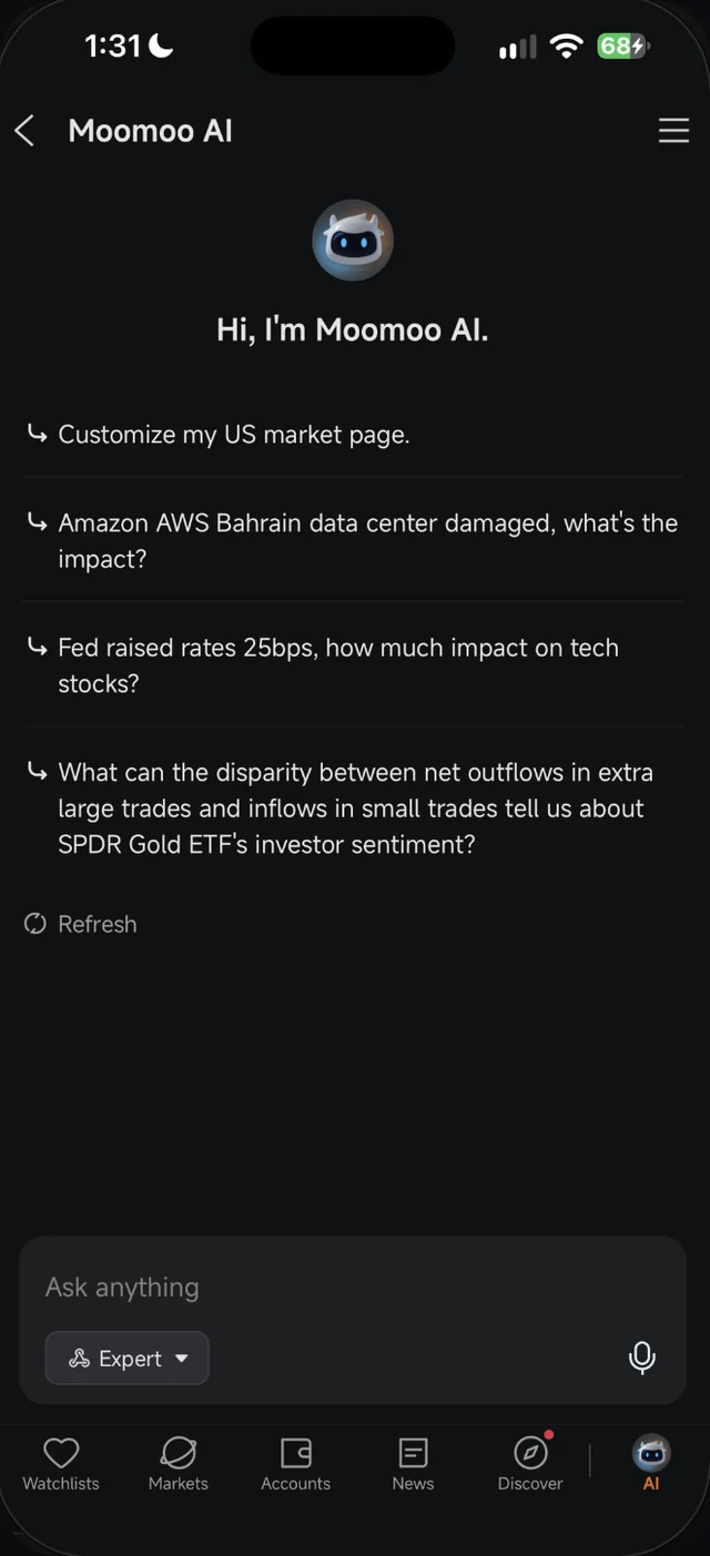 Skrin utama Moomoo AI dengan soalan cadangan, butang Refresh dan kotak Ask anything