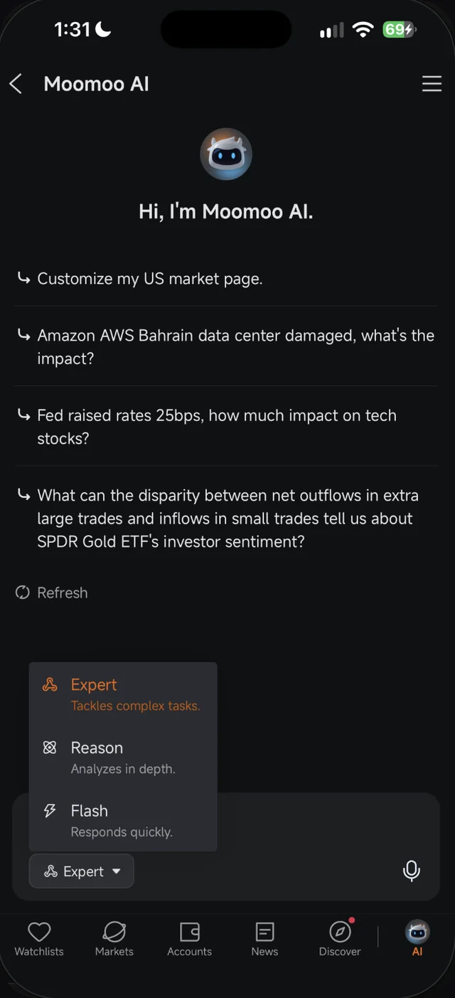 Menu mod Moomoo AI dengan pilihan Expert, Reason dan Flash