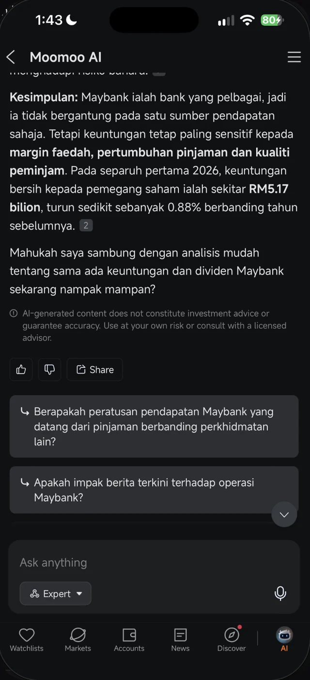 Kesimpulan jawapan Moomoo AI tentang Maybank dengan penafian dan soalan susulan