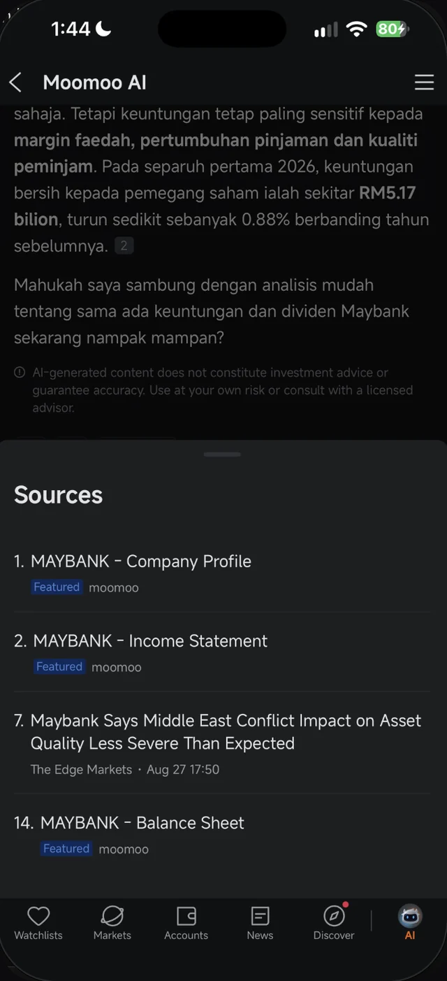 Senarai Sources dalam Moomoo AI untuk jawapan Maybank: profil syarikat, penyata pendapatan, berita The Edge Markets dan kunci kira-kira