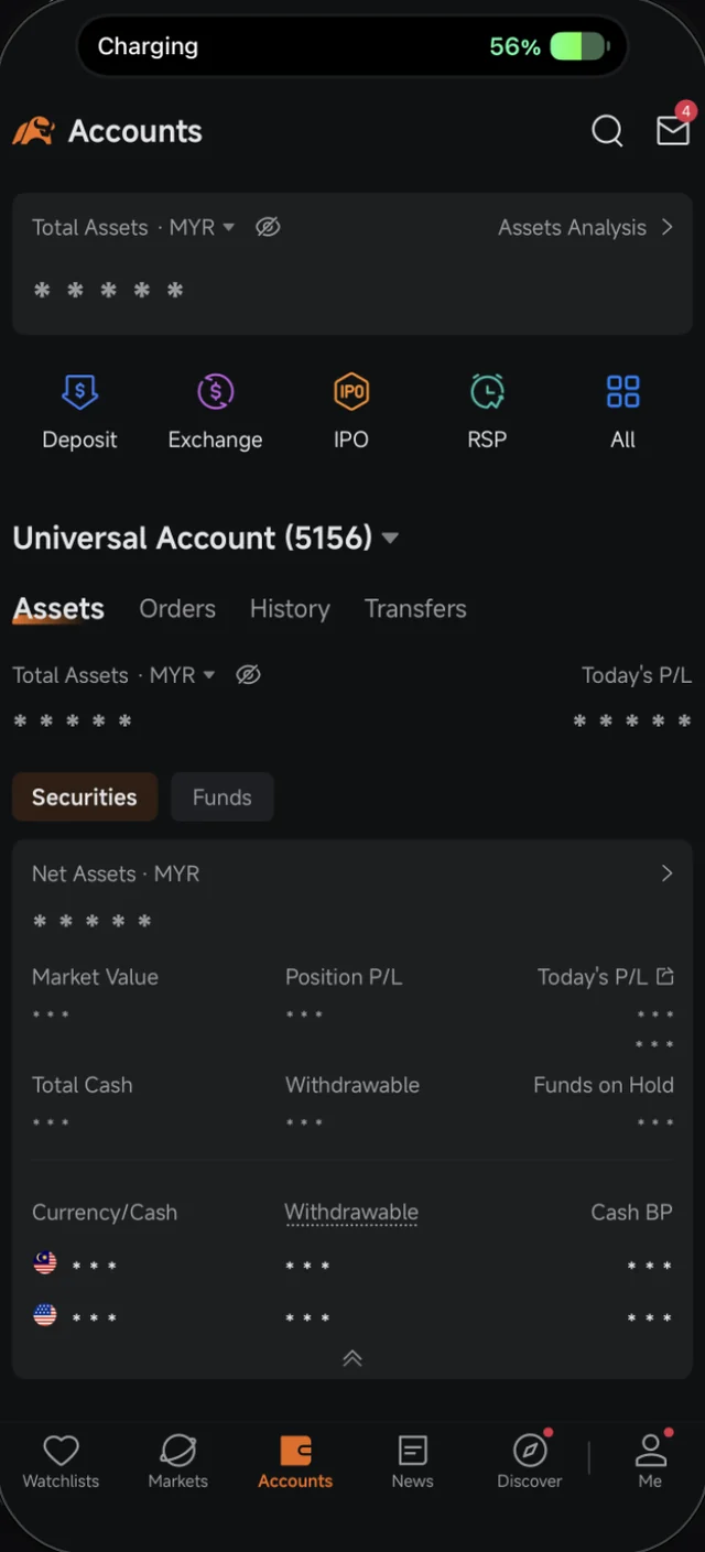 Tab Accounts dalam Moomoo dengan ikon Deposit, Withdraw, Transfer dan All