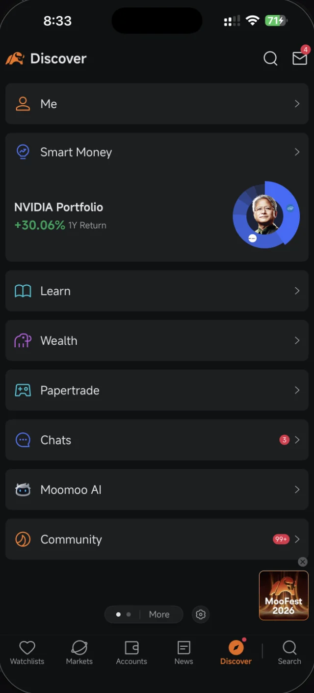 Tab Discover dalam Moomoo dengan senarai Me, Smart Money, Learn, Wealth dan Papertrade