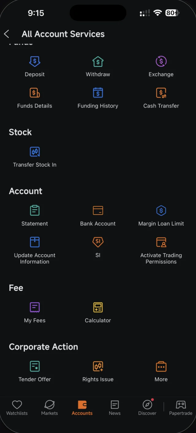 Bahagian bawah All Account Services dengan Fee dan Corporate Action