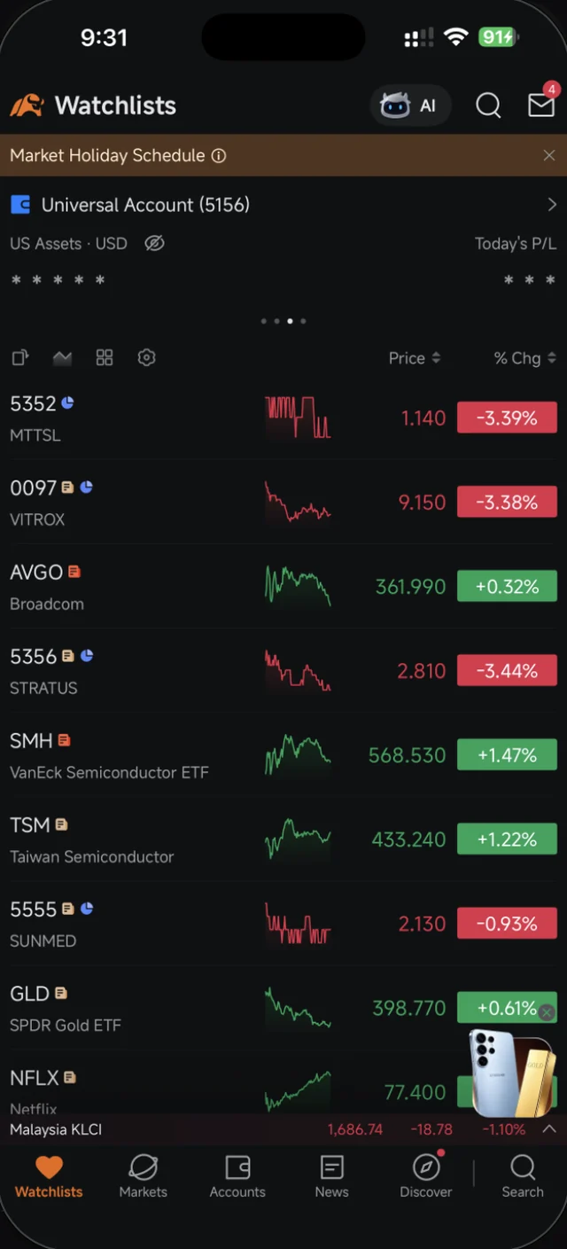 Tab Watchlists dalam Moomoo dengan senarai saham, carta mini dan peratus perubahan
