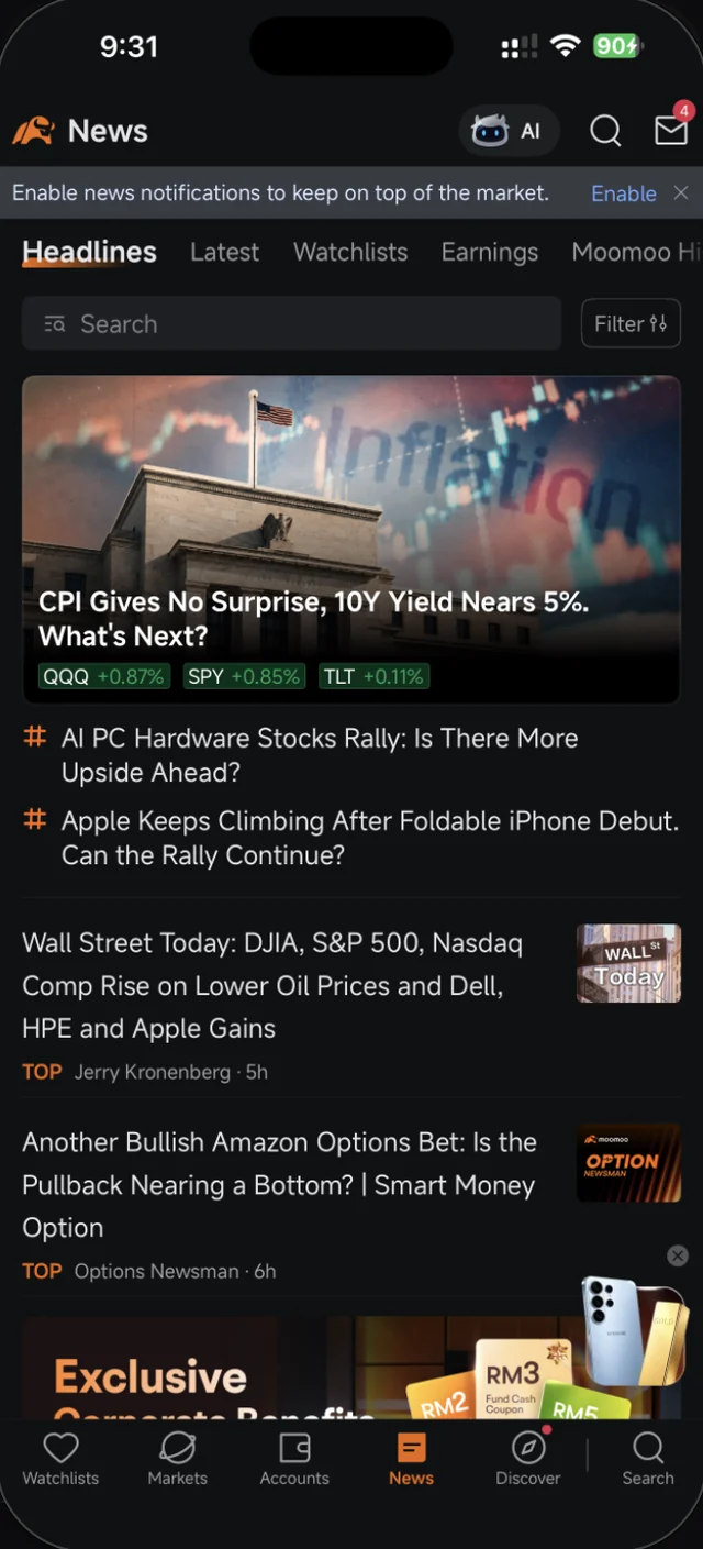 Tab News dalam Moomoo dengan Headlines dan senarai berita