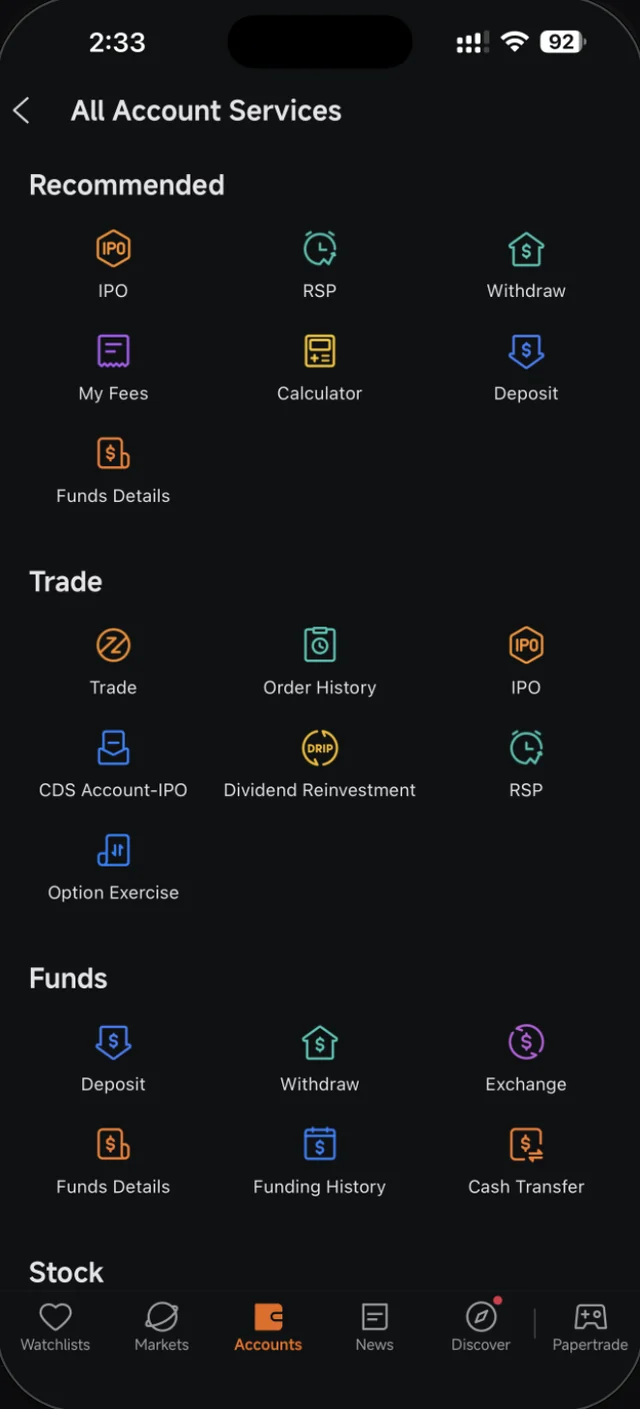 Bahagian atas All Account Services dengan Recommended dan Trade