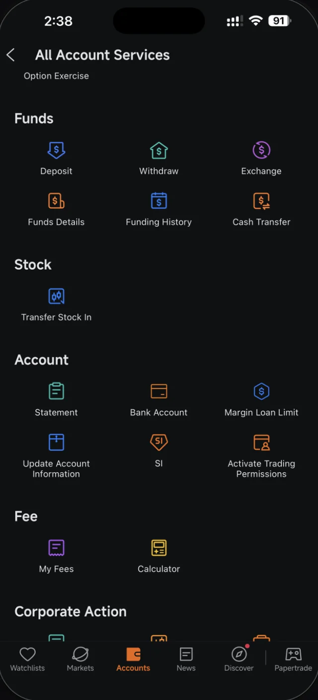 Bahagian Funds, Stock, Account dan Fee dalam All Account Services