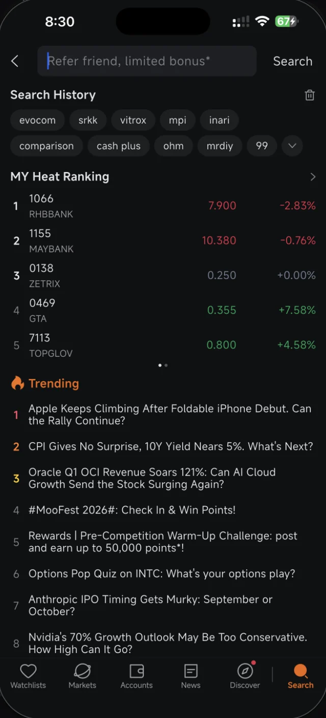 Senarai MY Heat Ranking dalam Moomoo dengan kod dan harga saham Bursa