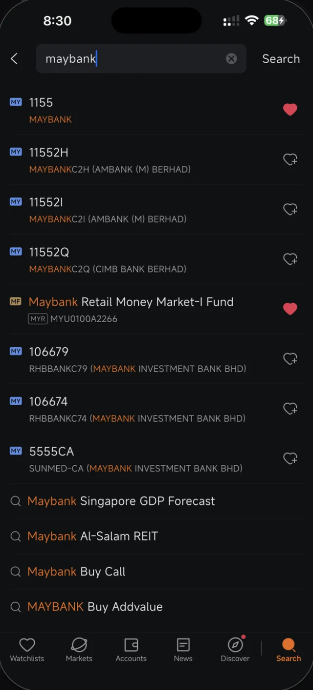 Hasil carian maybank menunjukkan saham sebenar berbanding call warrant