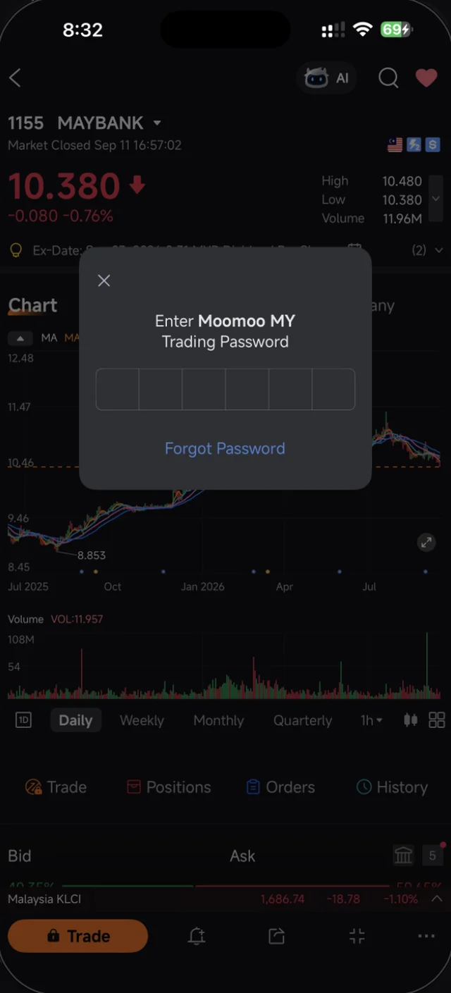 Enter Moomoo MY Trading Password box in the Moomoo app