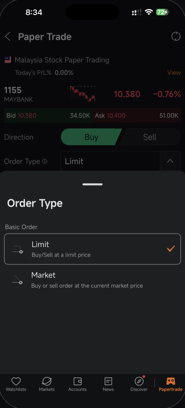 Pilihan jenis order Limit dan Market dalam Paper Trade