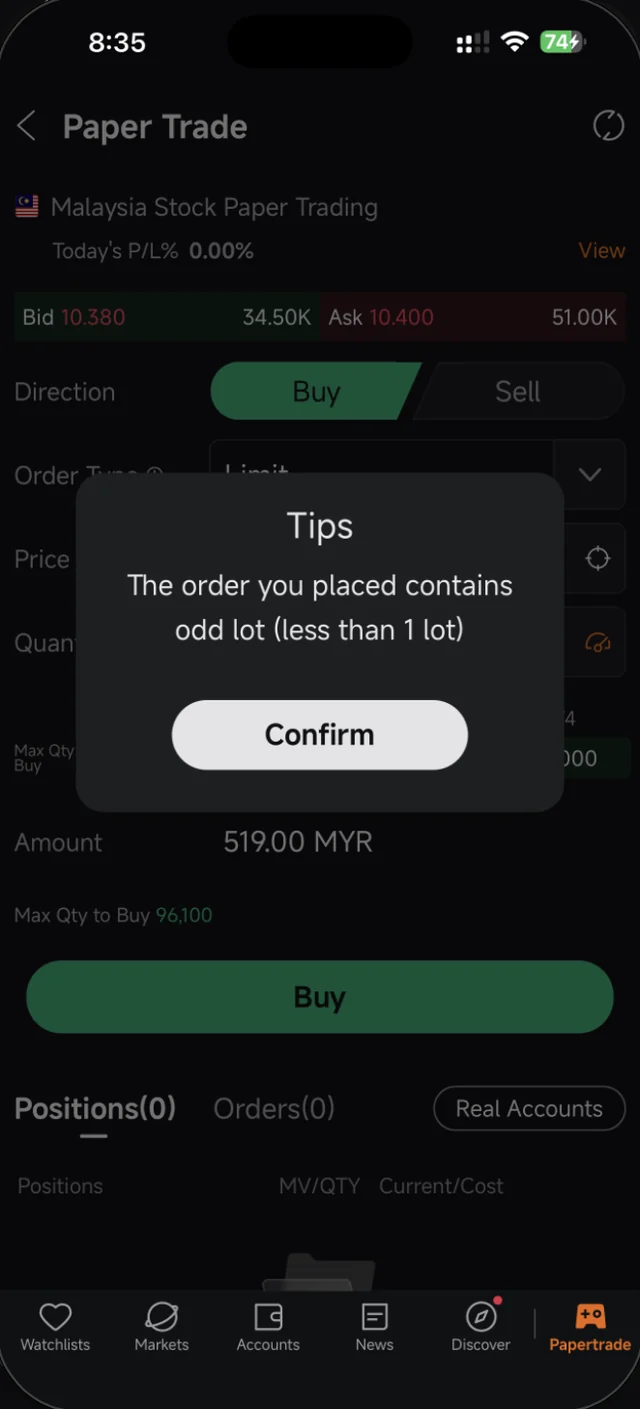 Amaran odd lot dalam app Moomoo