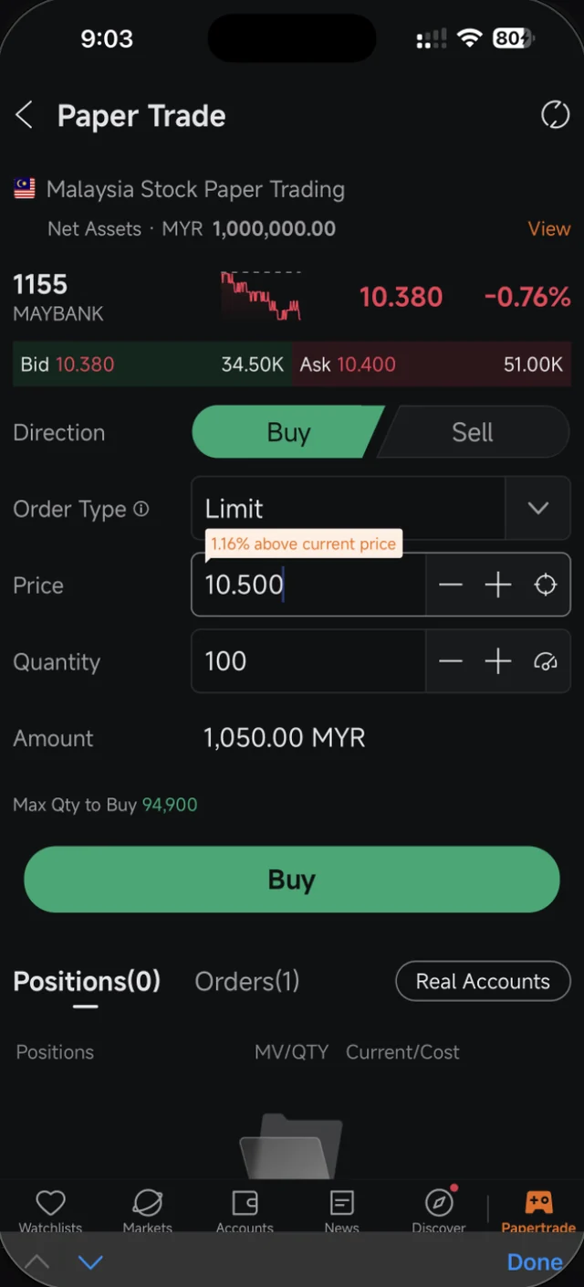 Moomoo order screen showing a 1.16% above current price warning above the Price field