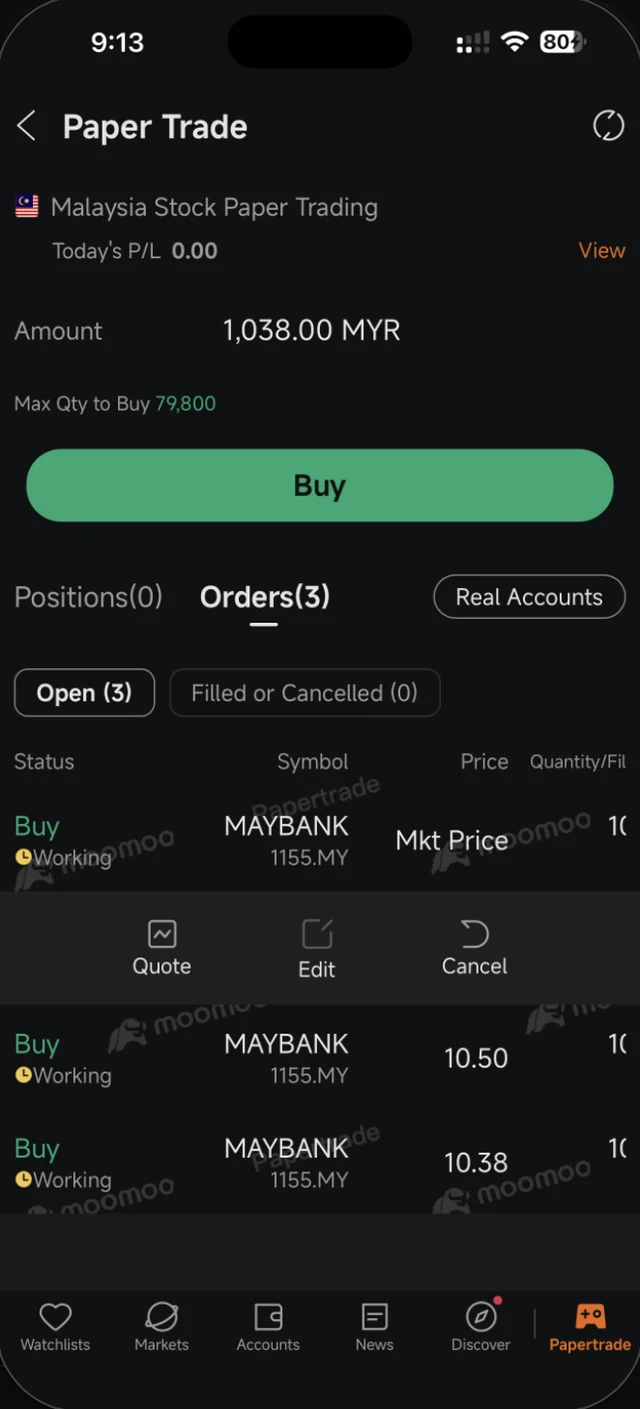 Moomoo order list showing an order with Mkt Price and two limit orders