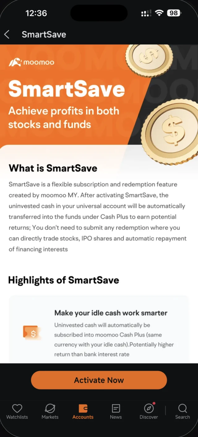 Halaman SmartSave dalam Moomoo yang menerangkan cara tunai tidak dilaburkan masuk ke Cash Plus