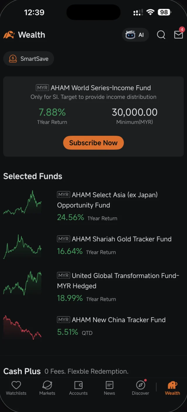 Tab Wealth dalam Moomoo dengan SmartSave dan senarai dana pilihan