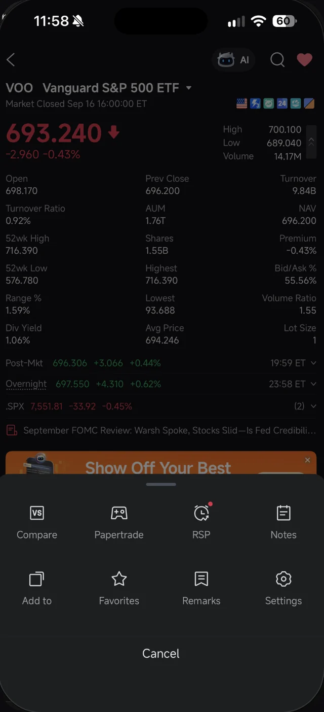 Menu More dalam halaman saham Moomoo dengan pilihan Compare, Papertrade, RSP dan Notes