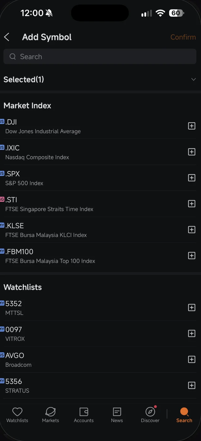 Skrin Add Symbol Moomoo dengan kotak carian, Selected(1) dan senarai Market Index