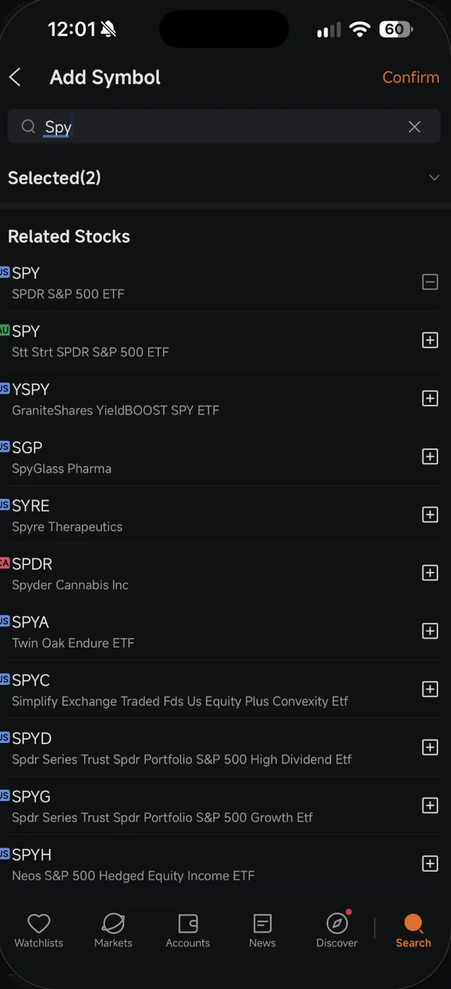 Hasil carian SPY dalam Add Symbol dengan SPY pasaran US ditambah dan Selected(2)