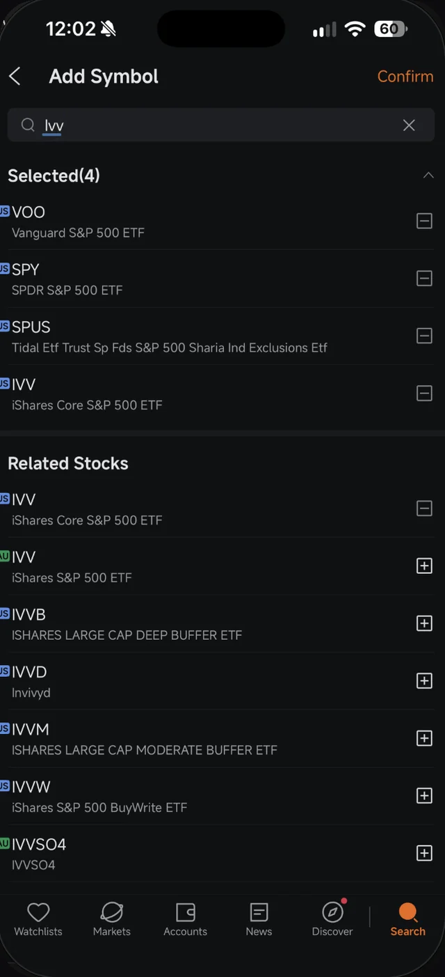 Senarai Selected(4) dalam Moomoo dengan VOO, SPY, SPUS dan IVV