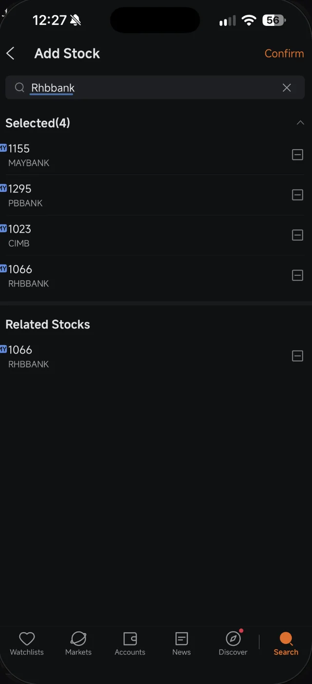 Skrin Add Stock Moomoo dengan MAYBANK, PBBANK, CIMB dan RHBBANK dalam senarai Selected(4)