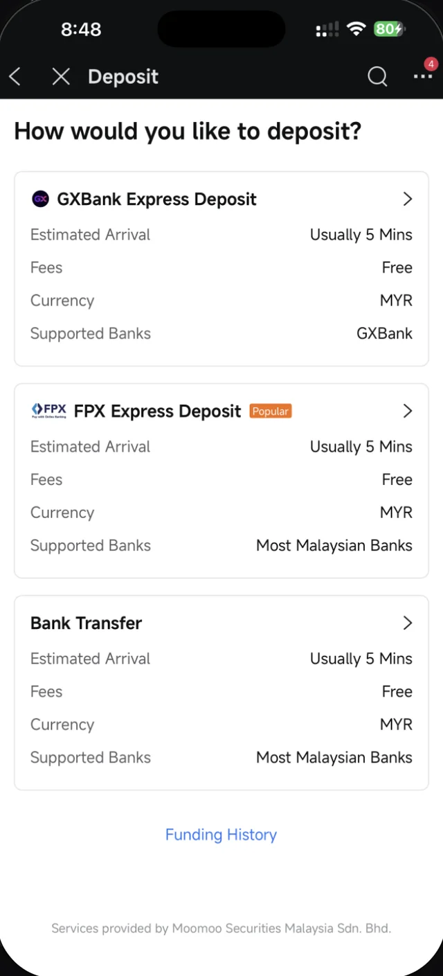 Skrin pilihan kaedah deposit Moomoo dengan GXBank, FPX dan Bank Transfer