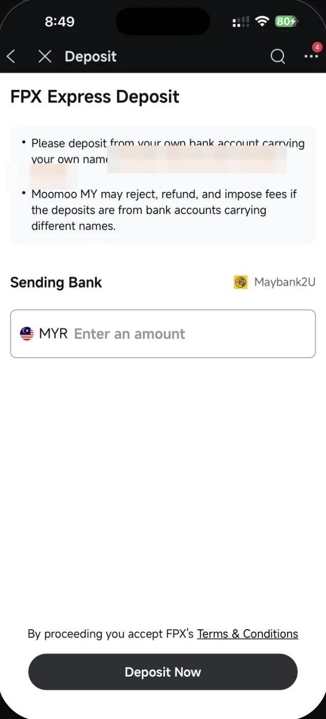 Skrin masukkan jumlah deposit Moomoo dengan nota tentang nama akaun bank