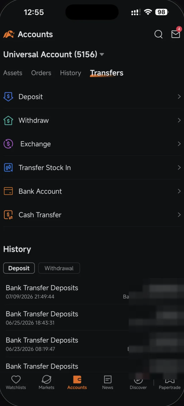 Tab Transfers dalam Accounts Moomoo dengan Deposit, Withdraw, Exchange dan History
