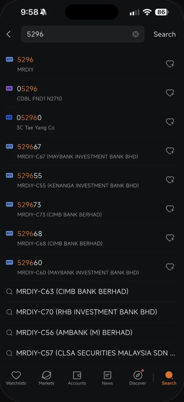 Hasil carian 5296 dalam Moomoo menunjukkan MRDIY pasaran MY dan dua syarikat lain dari Hong Kong dan Korea