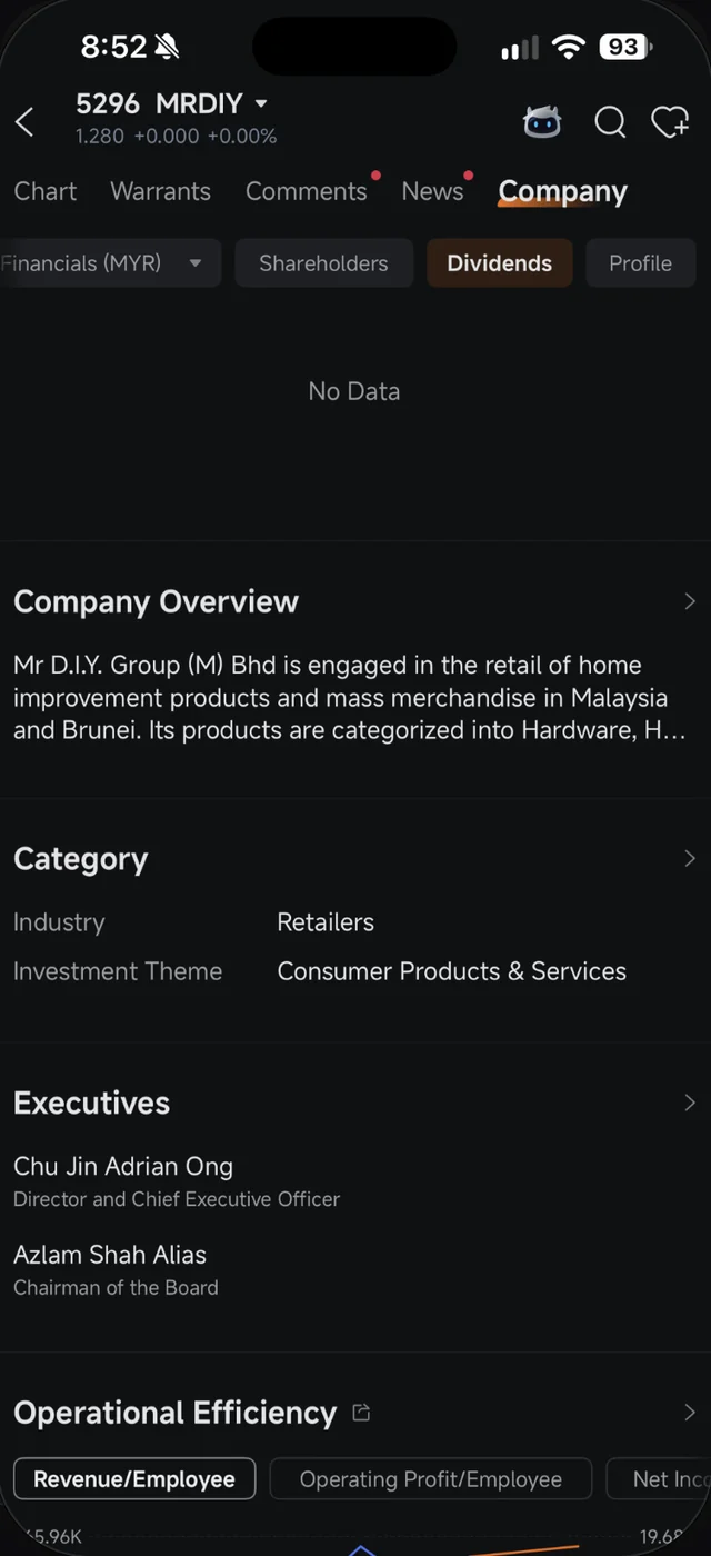 Bahagian Category dalam tab Company Moomoo menunjukkan industri Retailers untuk MR DIY