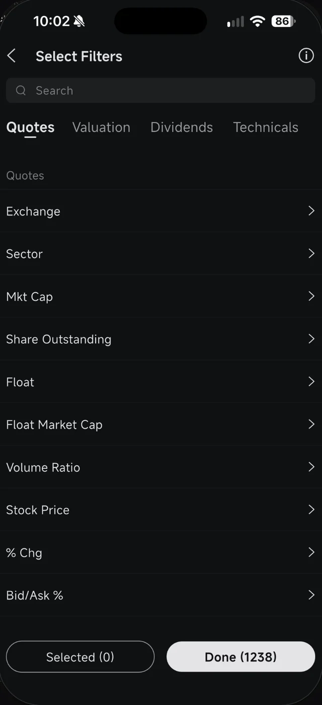 Skrin Select Filters dalam Moomoo dengan tab Quotes, Valuation, Dividends dan Technicals