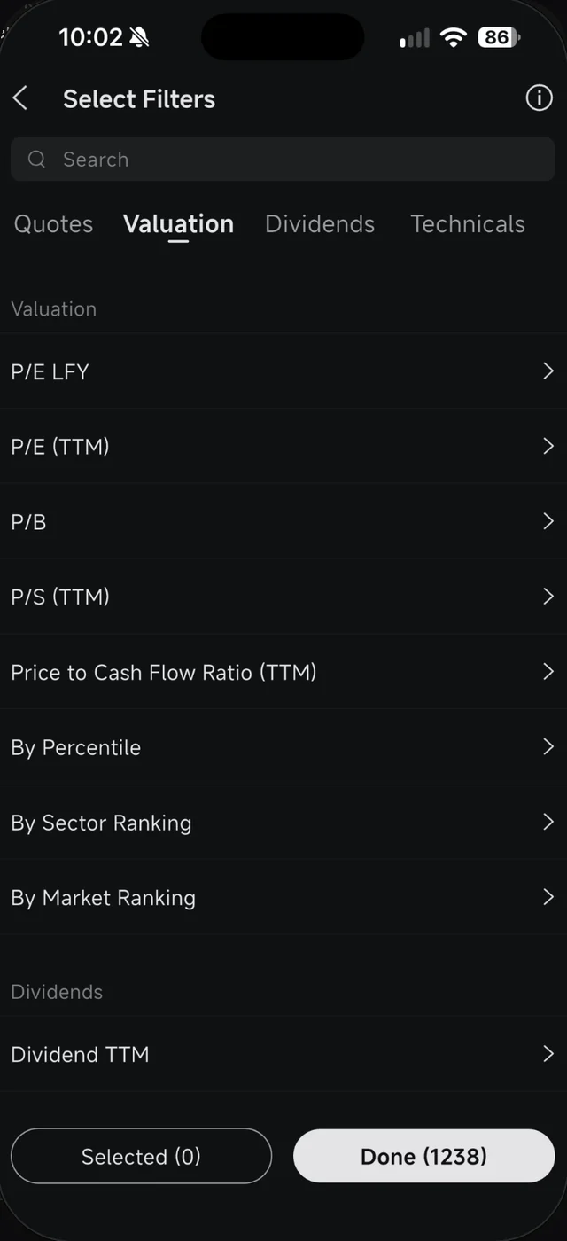 Senarai penapis Valuation dalam Screener Moomoo termasuk P/E, P/B dan By Percentile