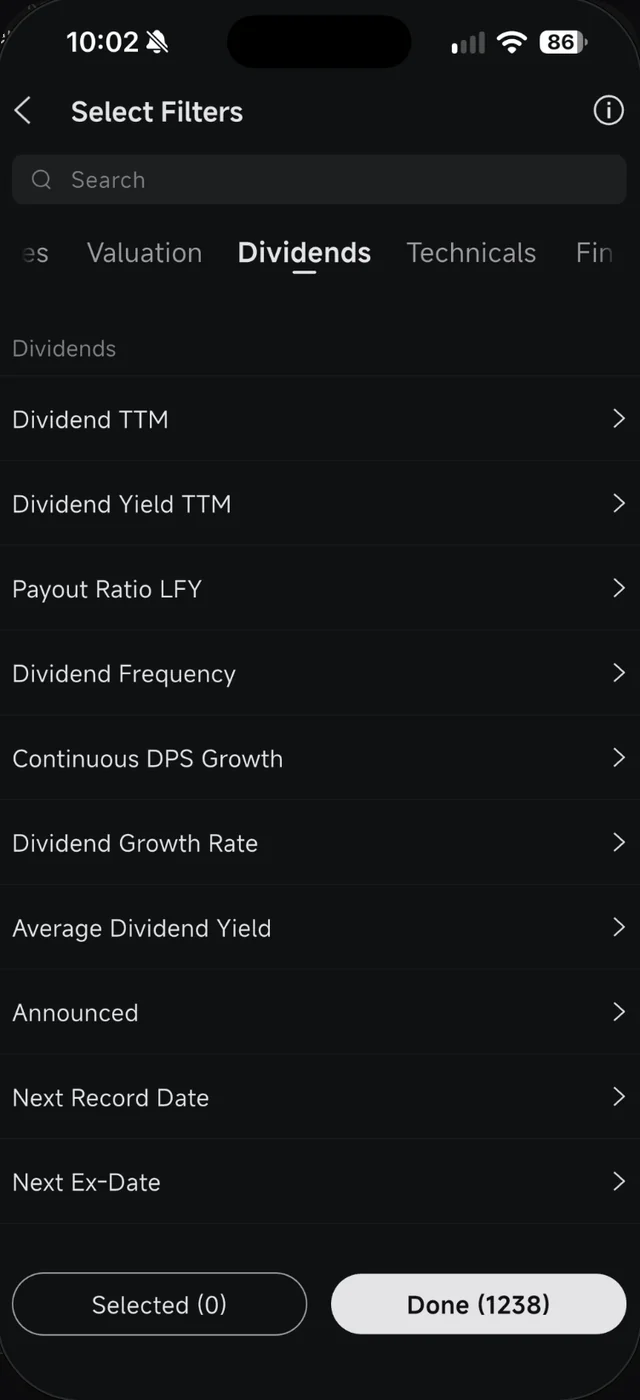 Senarai penapis Dividends dalam Screener Moomoo termasuk Dividend Yield TTM dan Payout Ratio