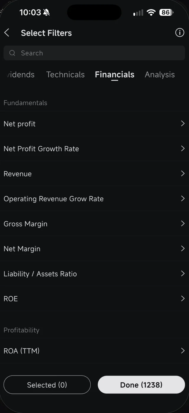 Senarai penapis Financials dalam Screener Moomoo termasuk ROE, margin dan nisbah hutang