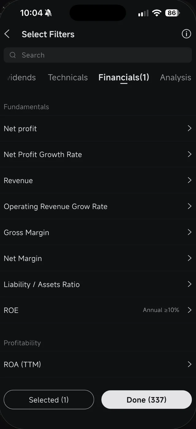 Senarai penapis Financials dalam Moomoo selepas ROE ditetapkan, dengan 337 keputusan