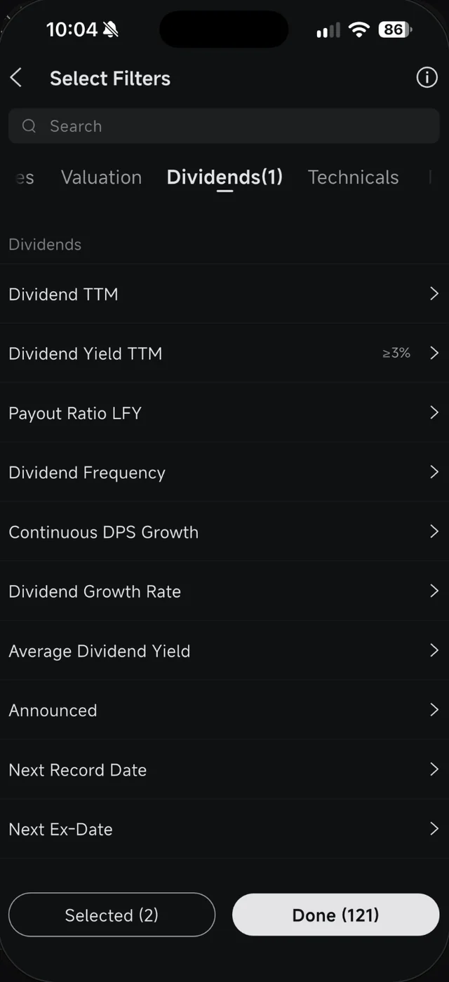 Senarai penapis Dividends dalam Moomoo selepas hasil dividen ditetapkan 3 peratus dengan 121 keputusan