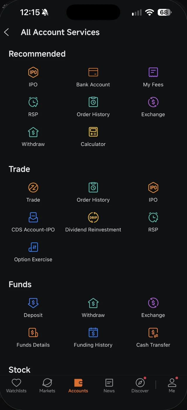 Skrin All Account Services dalam Moomoo dengan CDS Account-IPO di bahagian Trade