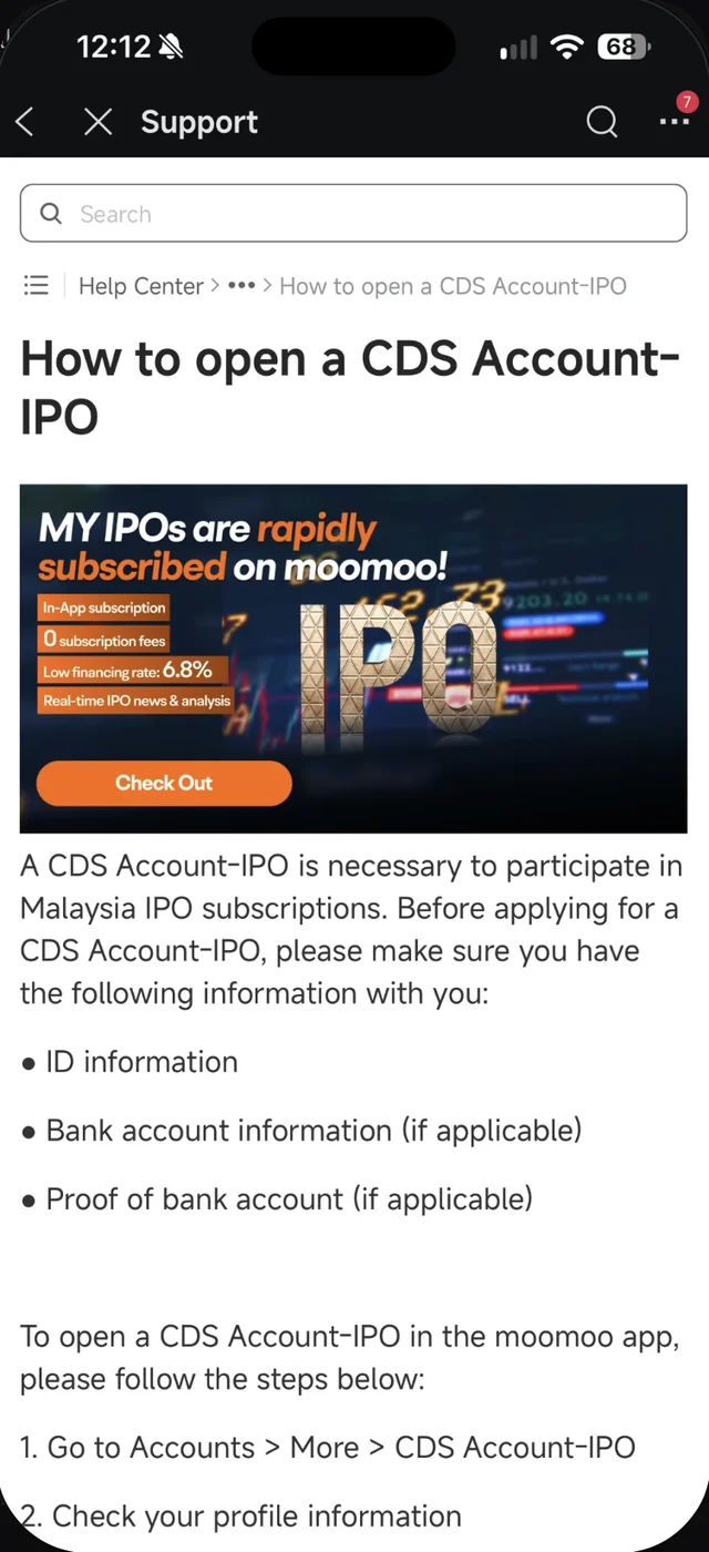 Artikel How to open a CDS Account-IPO dalam Moomoo dengan senarai maklumat yang perlu disediakan