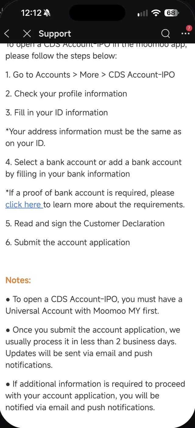 Enam langkah membuka CDS Account-IPO dan nota tempoh pemprosesan dalam Help Center Moomoo