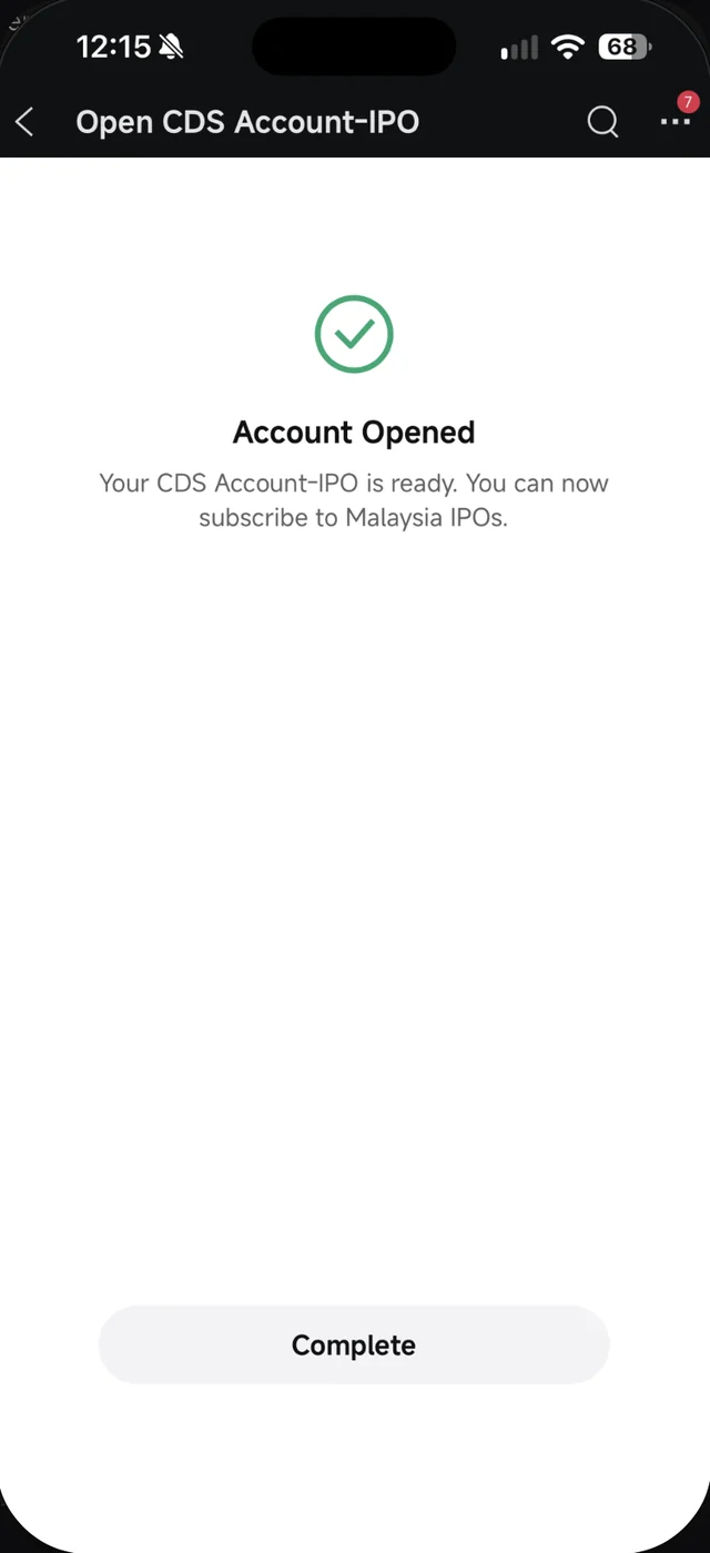 Skrin Account Opened dalam Moomoo menunjukkan CDS Account-IPO sedia untuk memohon IPO Malaysia