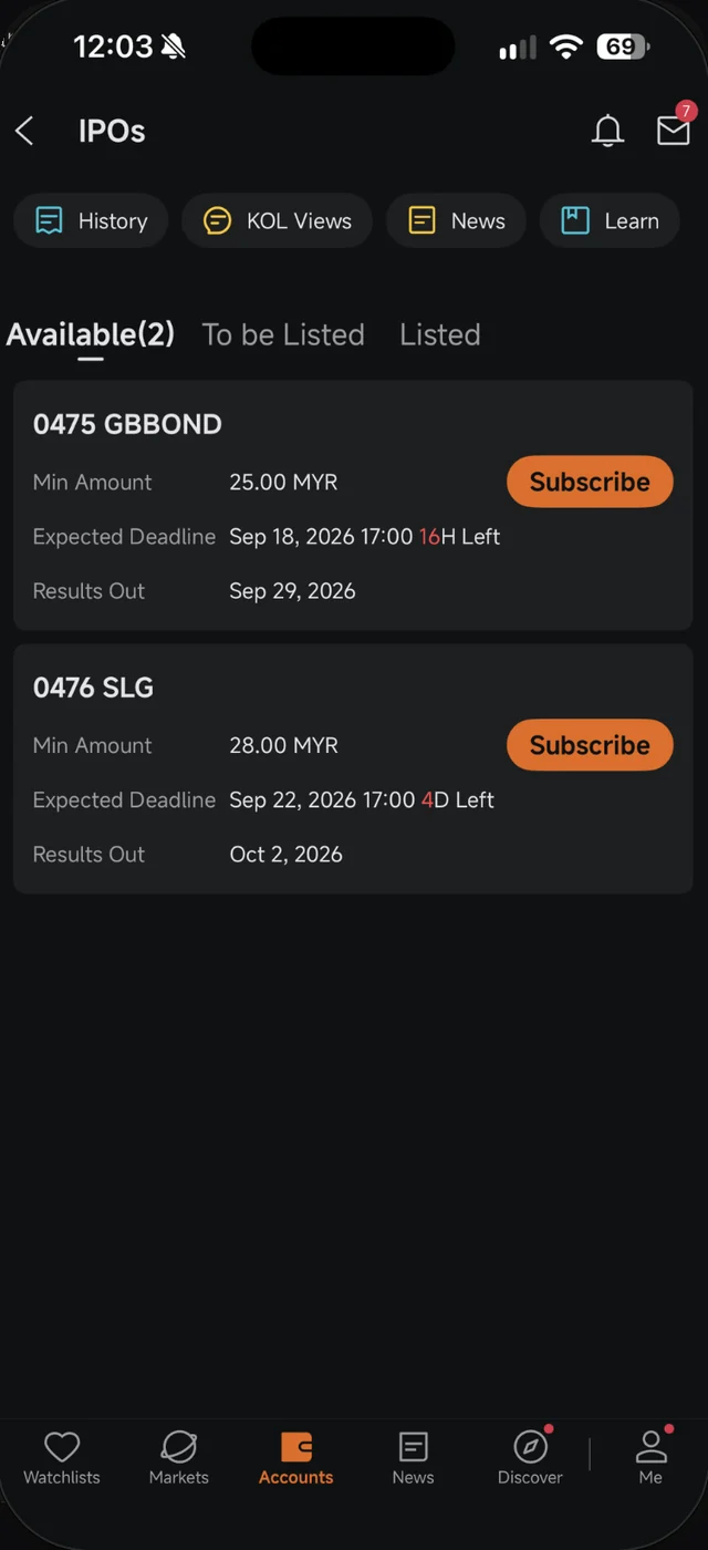 Tab Available dalam skrin IPOs Moomoo dengan GBBOND dan SLG, Min Amount, Expected Deadline dan Results Out