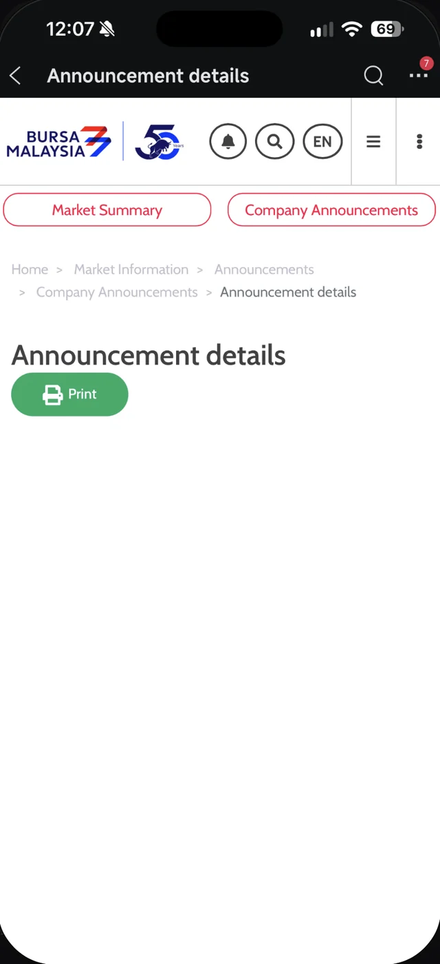 Halaman Announcement details Bursa Malaysia yang dibuka dari pautan Prospectus dalam Moomoo