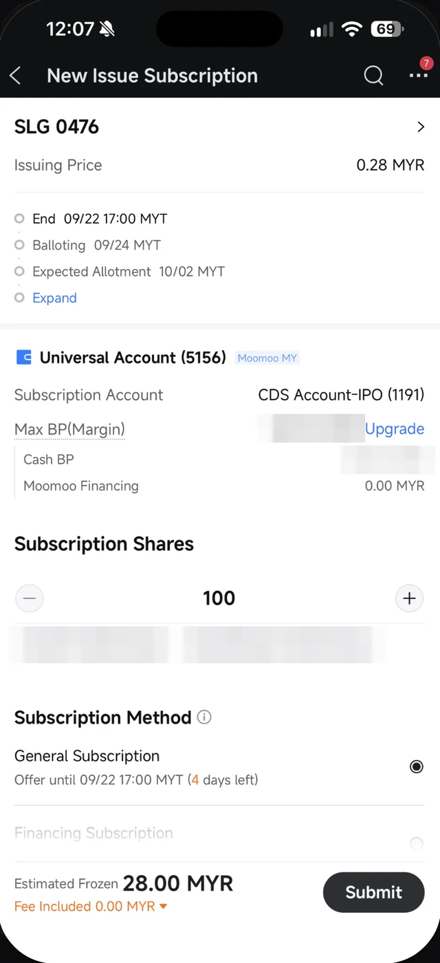 Skrin New Issue Subscription SLG dalam Moomoo dengan Issuing Price, garis masa, akaun CDS, bilangan unit dan Estimated Frozen, nombor had belian dikaburkan