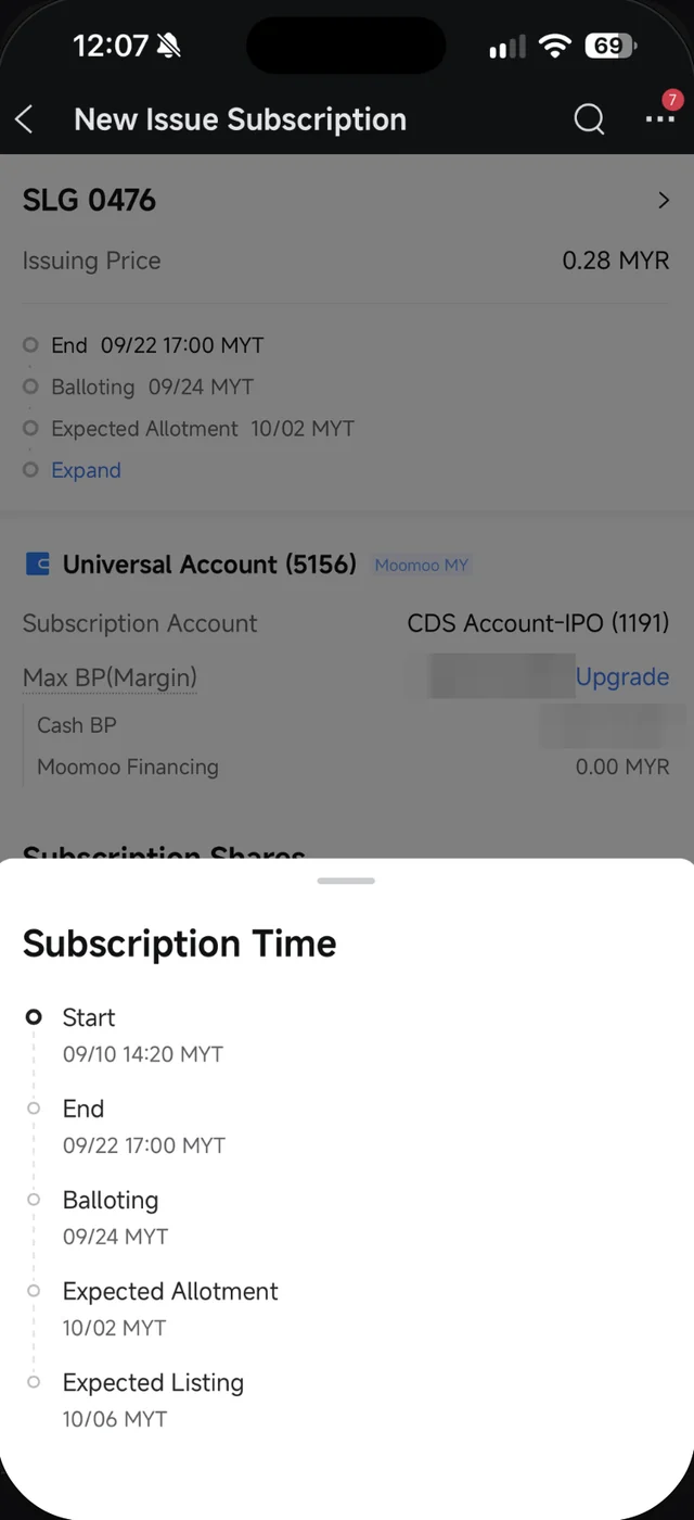 Kotak Subscription Time dalam Moomoo dengan tarikh Start, End, Balloting, Expected Allotment dan Expected Listing