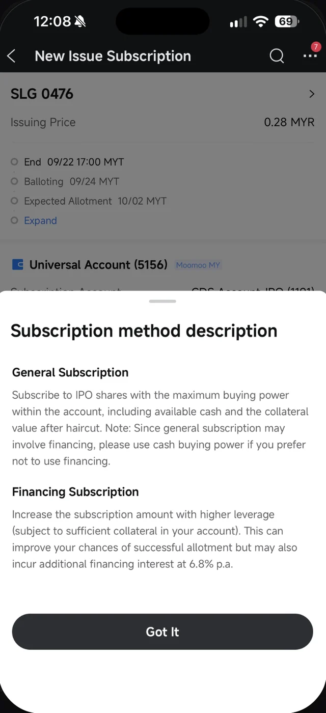 Penerangan Subscription method dalam Moomoo untuk General Subscription dan Financing Subscription dengan faedah 6.8 peratus setahun