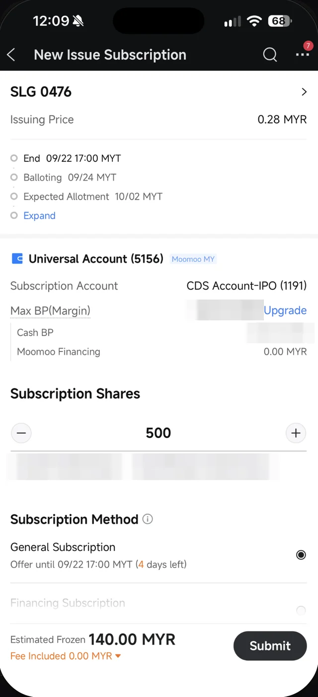 Skrin permohonan IPO SLG dalam Moomoo dengan 500 unit dan Estimated Frozen 140.00 MYR
