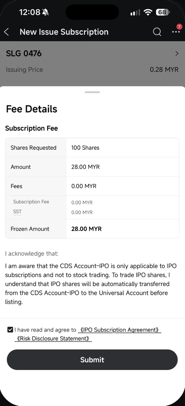 Kotak Fee Details dalam Moomoo dengan yuran 0.00 MYR, Frozen Amount 28.00 MYR dan perakuan CDS Account-IPO