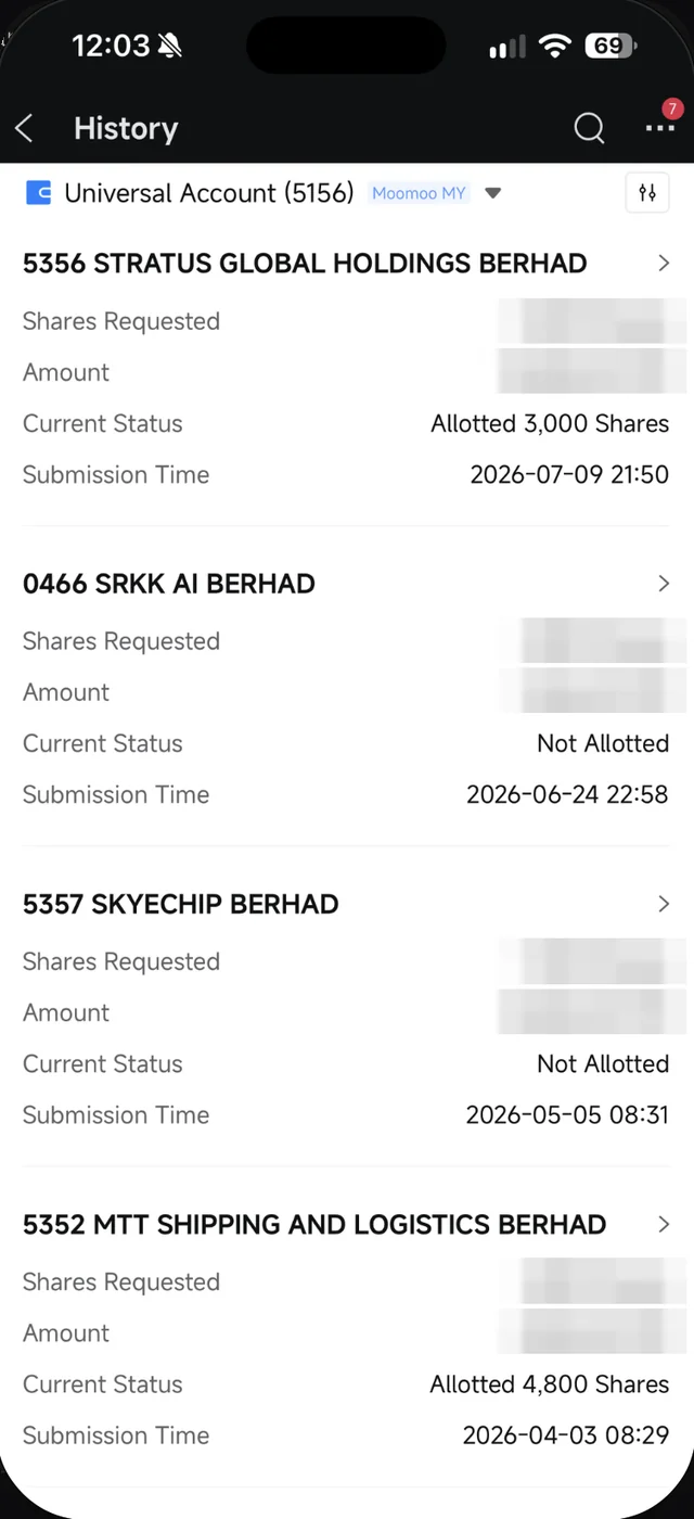 Senarai History permohonan IPO dalam Moomoo dengan status Allotted dan Not Allotted, jumlah dikaburkan
