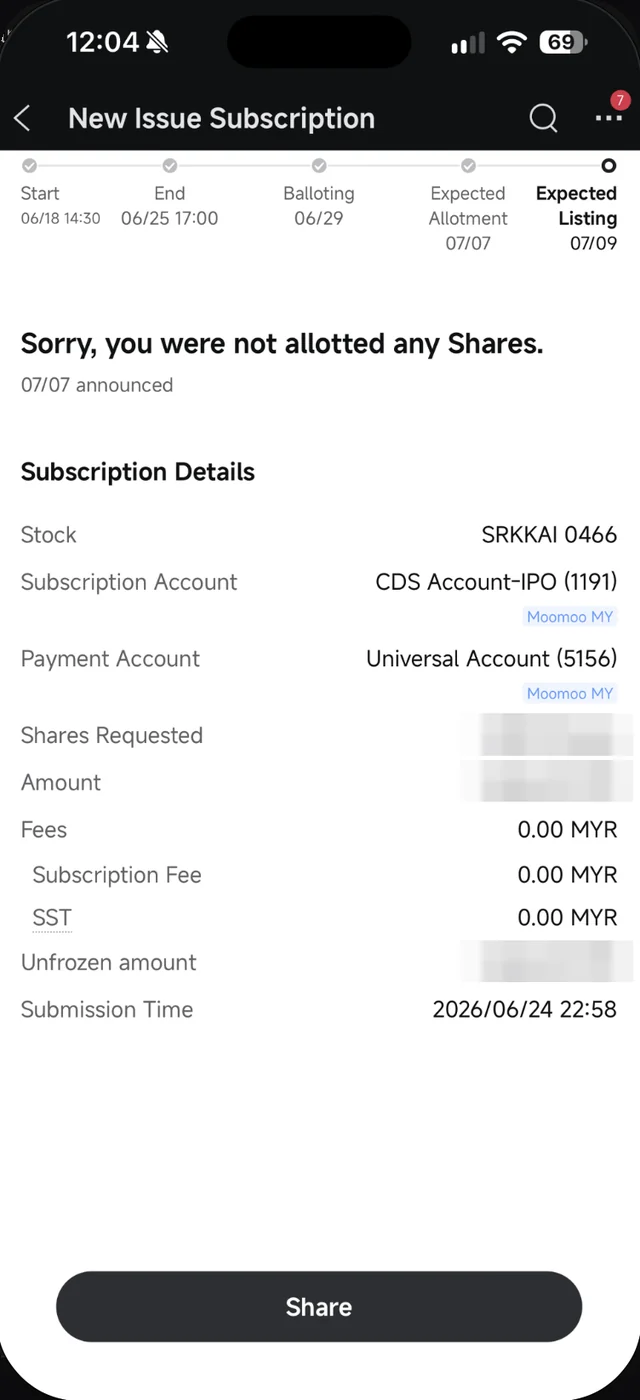 Halaman keputusan IPO dalam Moomoo dengan mesej Sorry you were not allotted any Shares dan Unfrozen amount