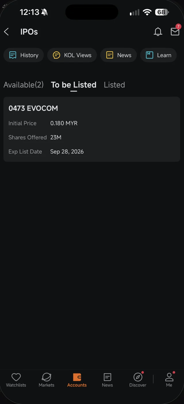 Tab To be Listed dalam skrin IPOs Moomoo dengan EVOCOM, Initial Price 0.180 MYR dan Exp List Date